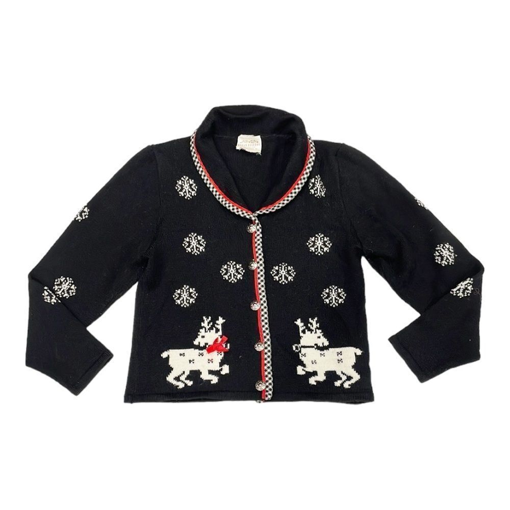 Susan Bristol Reindeer Cardigan Sweater Long Sleeves Sz Small Holiday Christmas - Picture 1 of 10